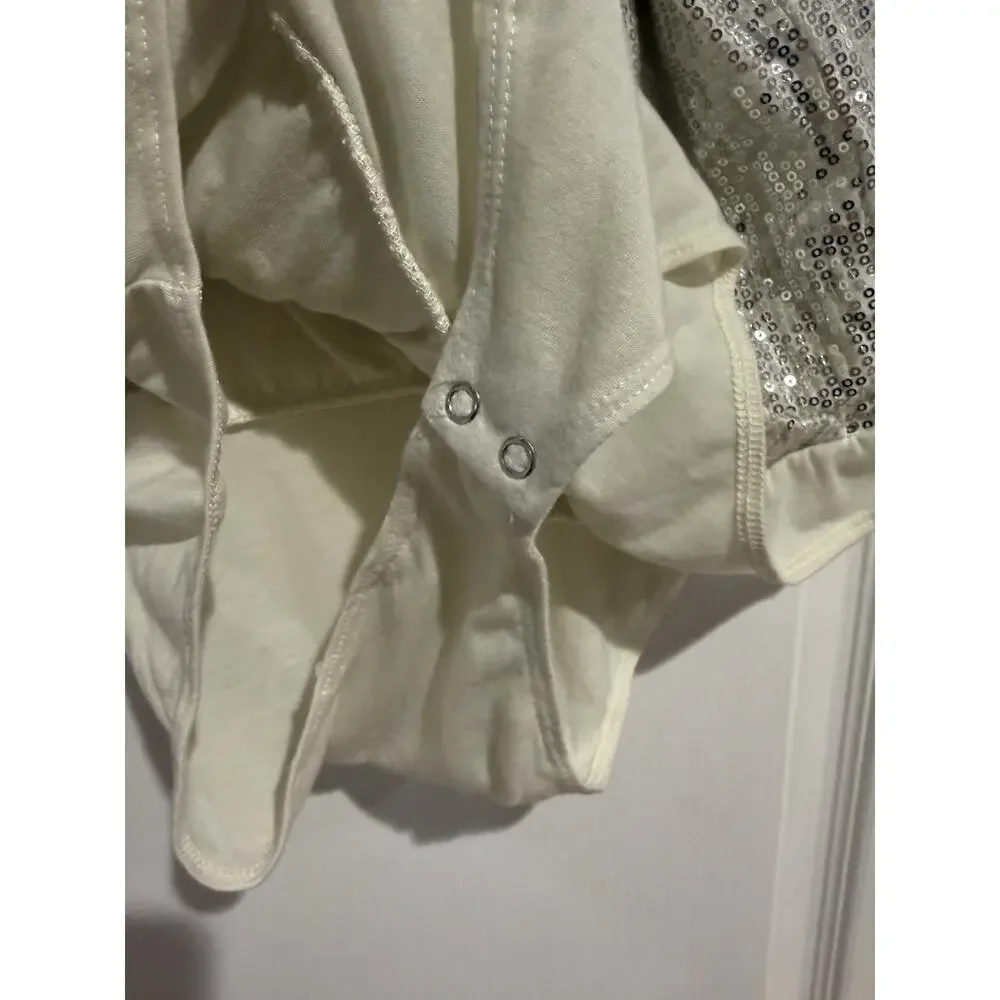 NWT Jennifer Lopez XLarge Sequin Cream/Silver Wrap Bodysuit Shirt